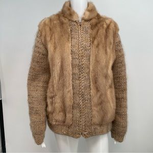 THE FUR VAULT  FUR COAT JACKET With Knitted Details Women’s L Brown Inner Pocket
